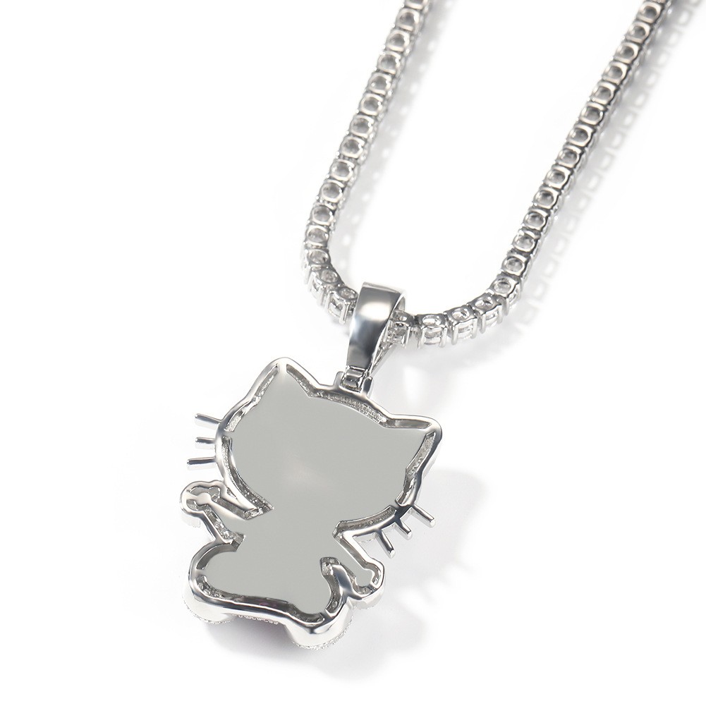 White Gold Plated 5A Iced Out Hello Kitty Pendant Men Chain Cartoon Jewelry Gift