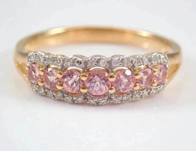 Sapphire Rounnd Pink Diamond Lab Created Band Ring 14K Yellow Gold Plated