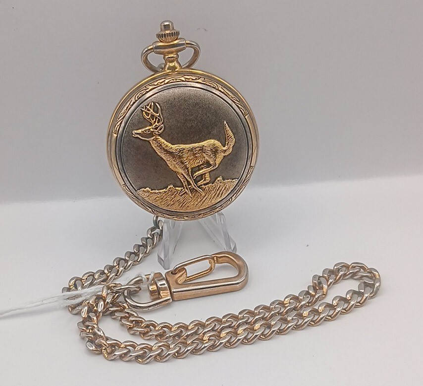 12IN, 46MM, Vintage Majesti Two Tone Pocket Watch, Embossed 3D Whitetail Deer