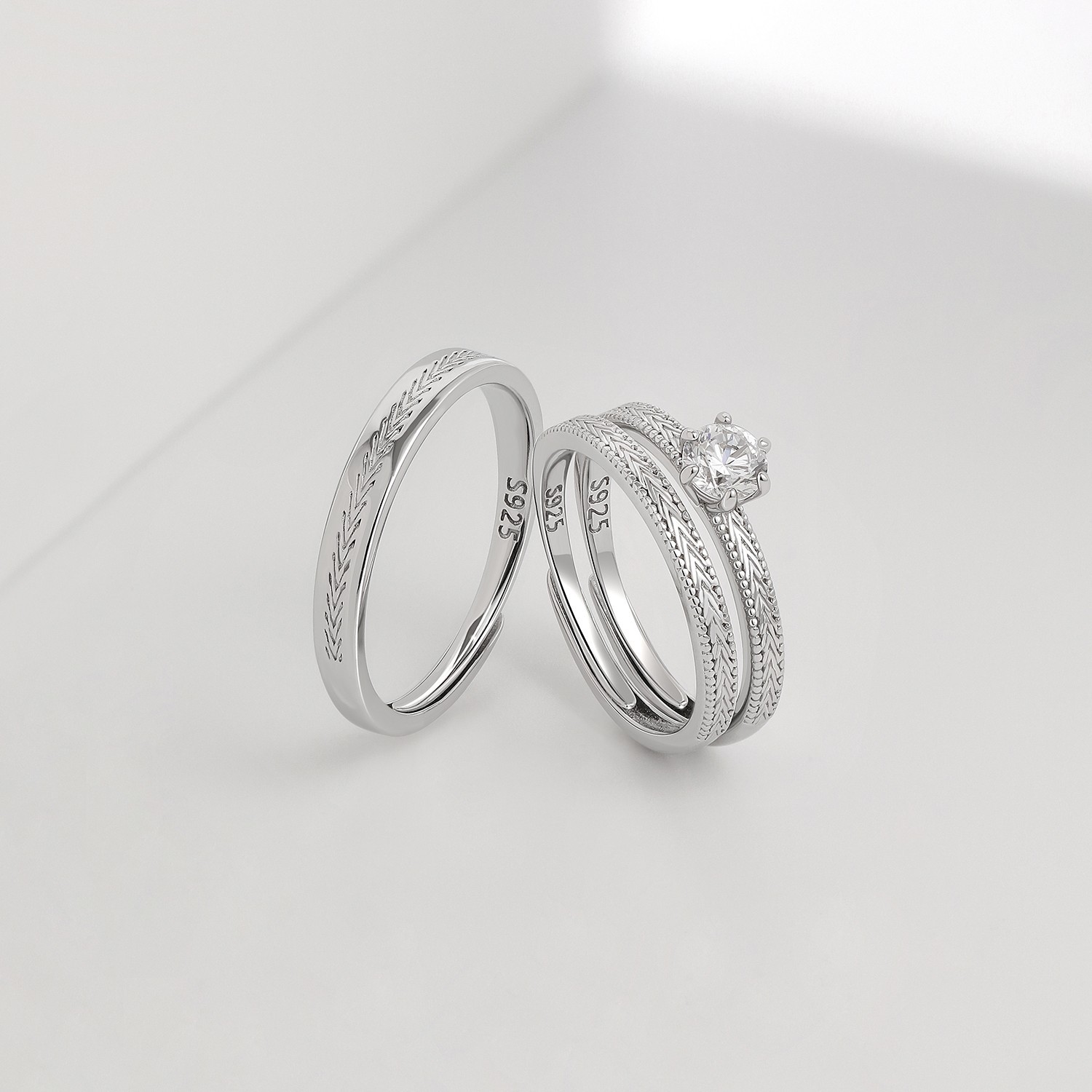 Meissa S925 Silver CZ Couple Ring Set of 3 Engagement Promise Anniversary Rings