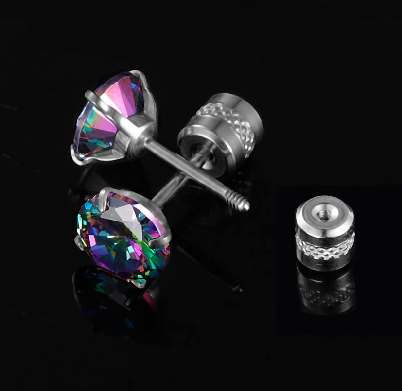 A PAIR Silver Prong Set Colorful CZ Stud Earrings Screw Back Surgical Steel Gift
