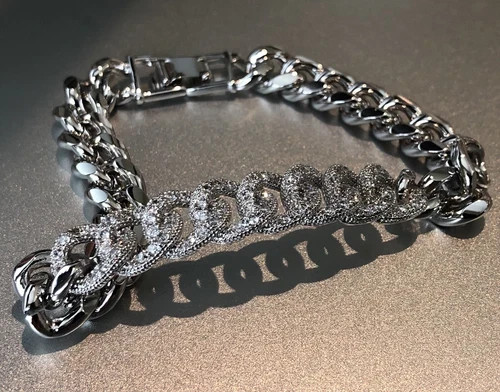 18K White Gold Filled Cuban Link Chain Bracelet made Simulated Diamond 7”