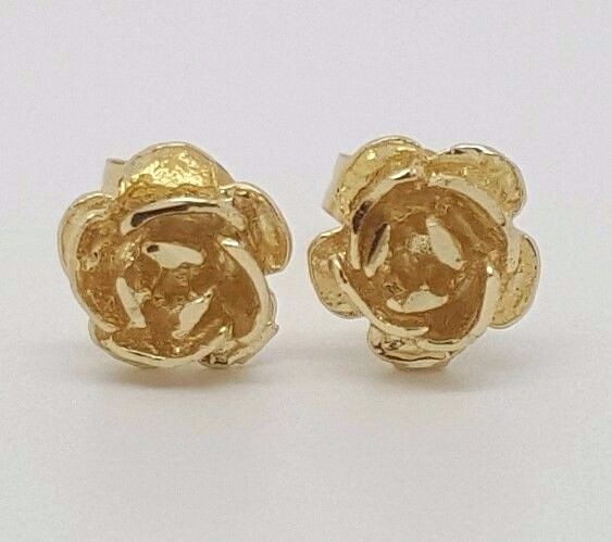 14k Solid Yellow Gold Rose Flower Stud Earrings Push Back 7 MM