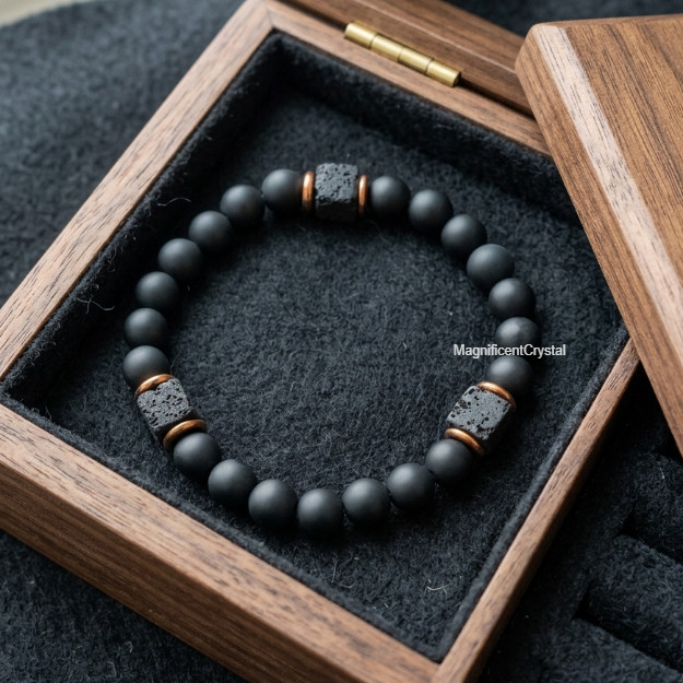 Premium Men’s Matte Black Onyx & Lava Rock Cube Bead Stretch Bracelet Healing