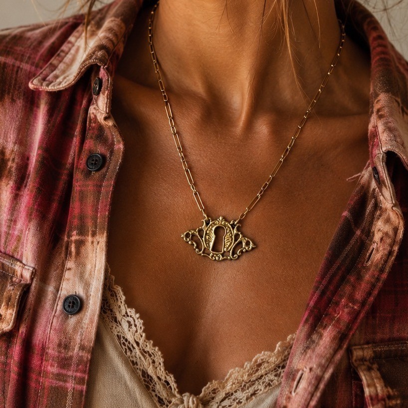 Antique Brass Keyhole Necklace | Raw Brass Paperclip Chain
