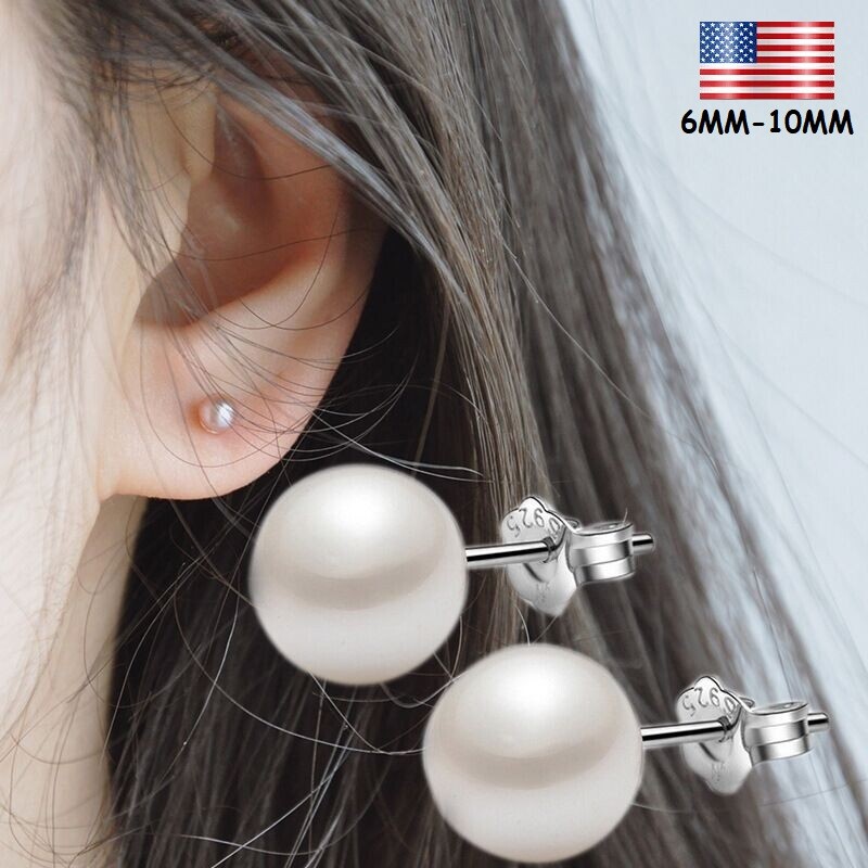 White Genuine Cultured Freshwater Pearl Stud Earrings 925 Silver 6/7/8/10mm US