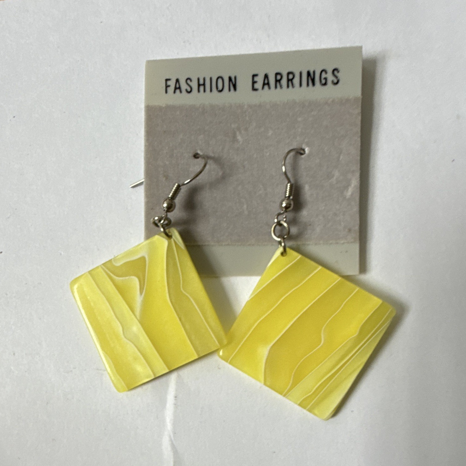 Yellow Square Dangle Drop Earrings Plastic No Stone 2in Hook Taiwan