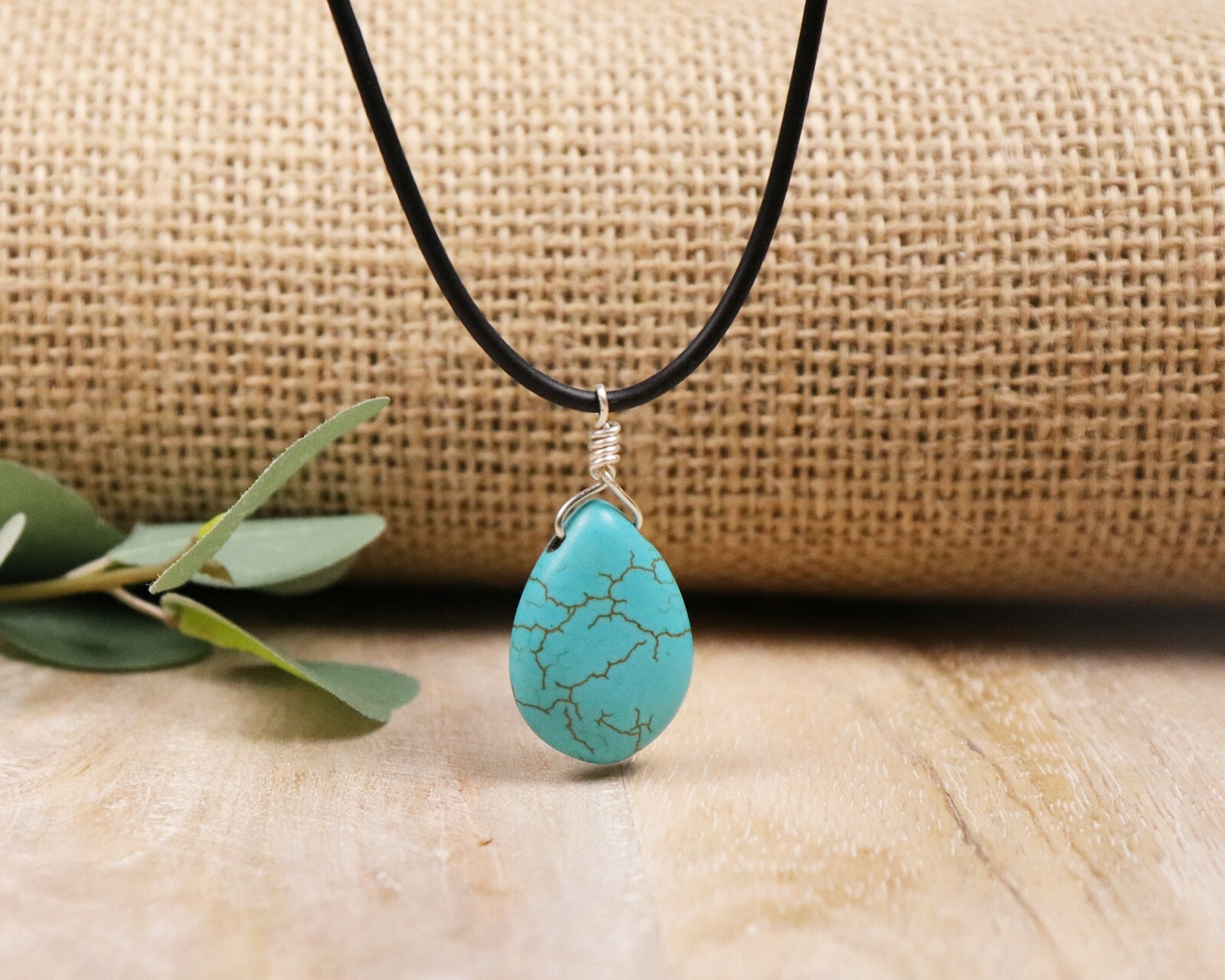 Teardrop Turquoise Pendant Necklace for Women with Leather Cord