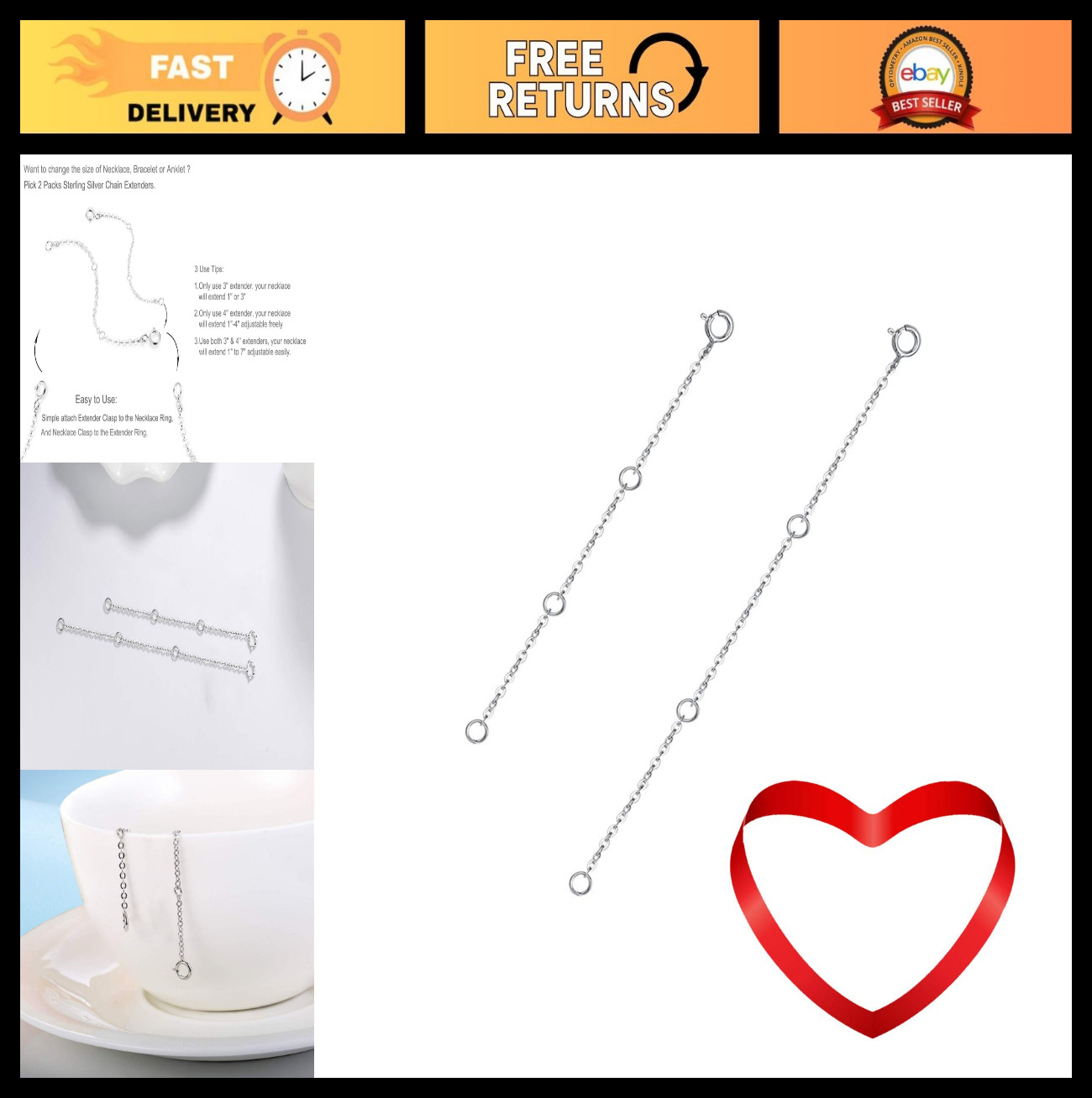 Sterling Silver Necklace Extenders Set of 2 – Adjustable 2″ & 5″ or 3″ & 4″ Chai