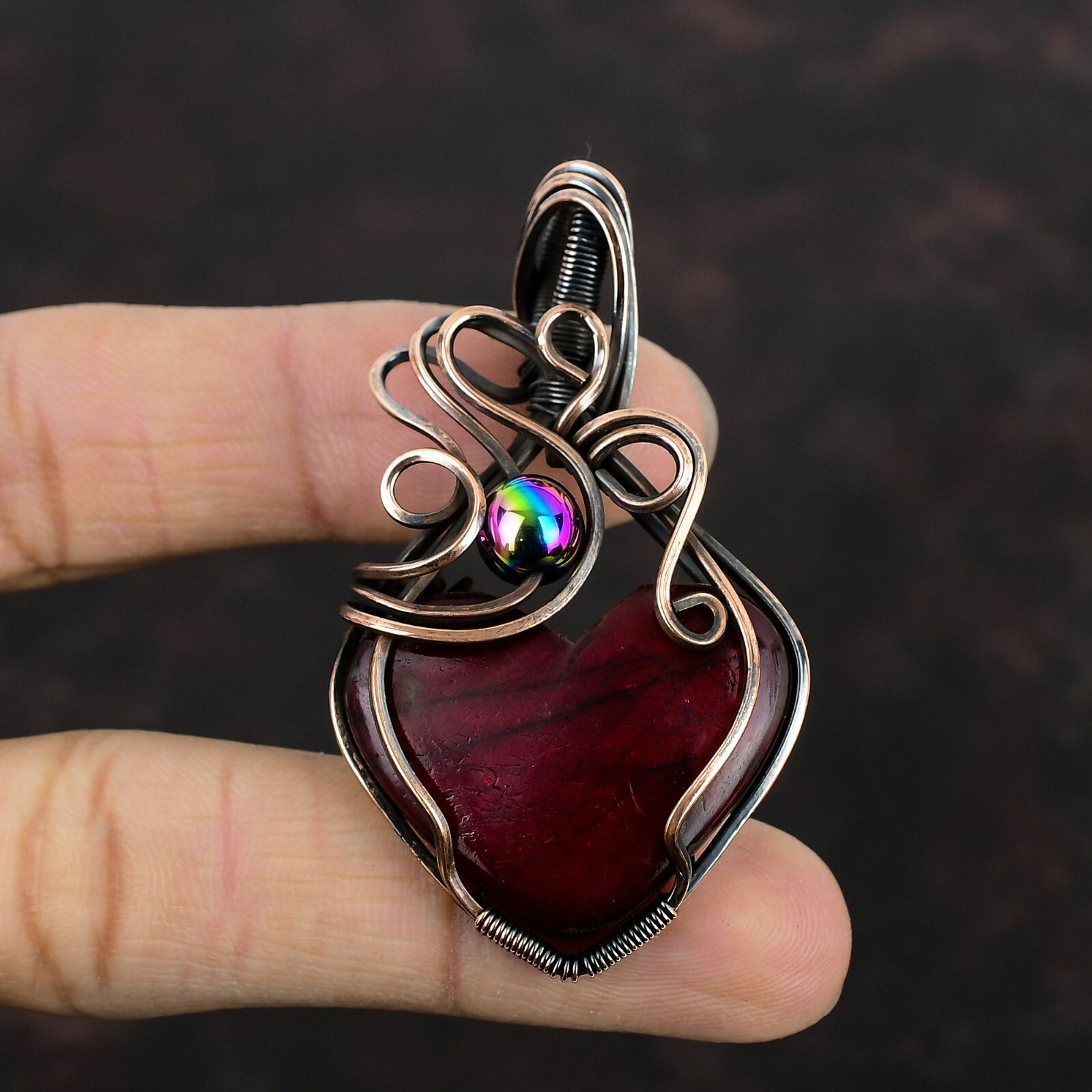Red Fire Labradorite Pendant Handmade Gemstone Jewelry Copper Wire Wrap Pendant