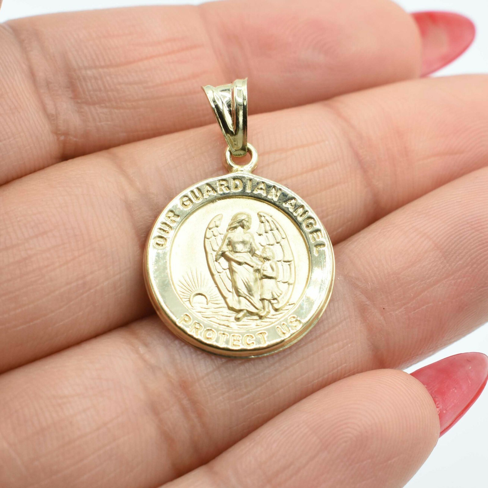 1″ Textured Guardian Angel Medallion Pendant Real 10K Yellow Gold