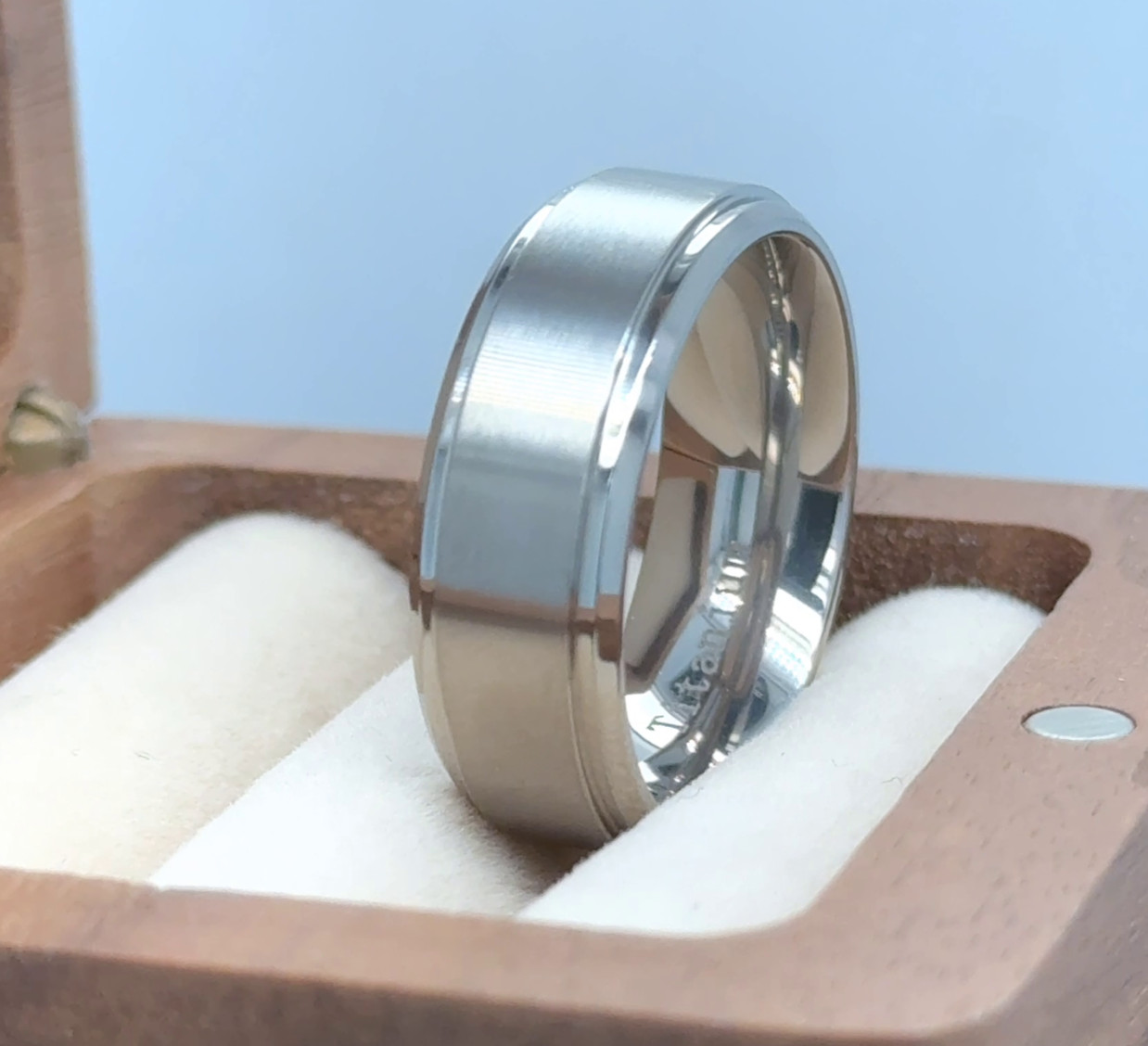 8mm Silver Titanium Band Satin Brushed Polished Edge Ring Husband Valentine Gift