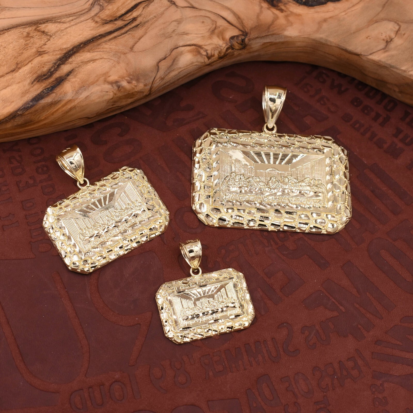 Rectangle Last Supper Textured Nugget Charm Pendant Real Solid 10K Yellow Gold