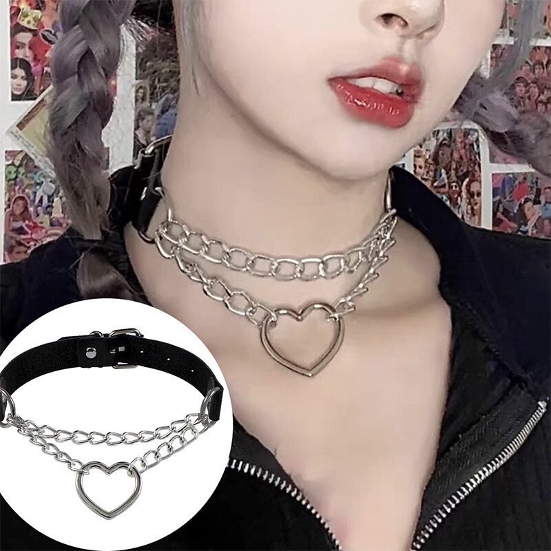 PU Leather Choker Necklace Adjustable Heart Chain Neck Collar Gothic Punk Gift