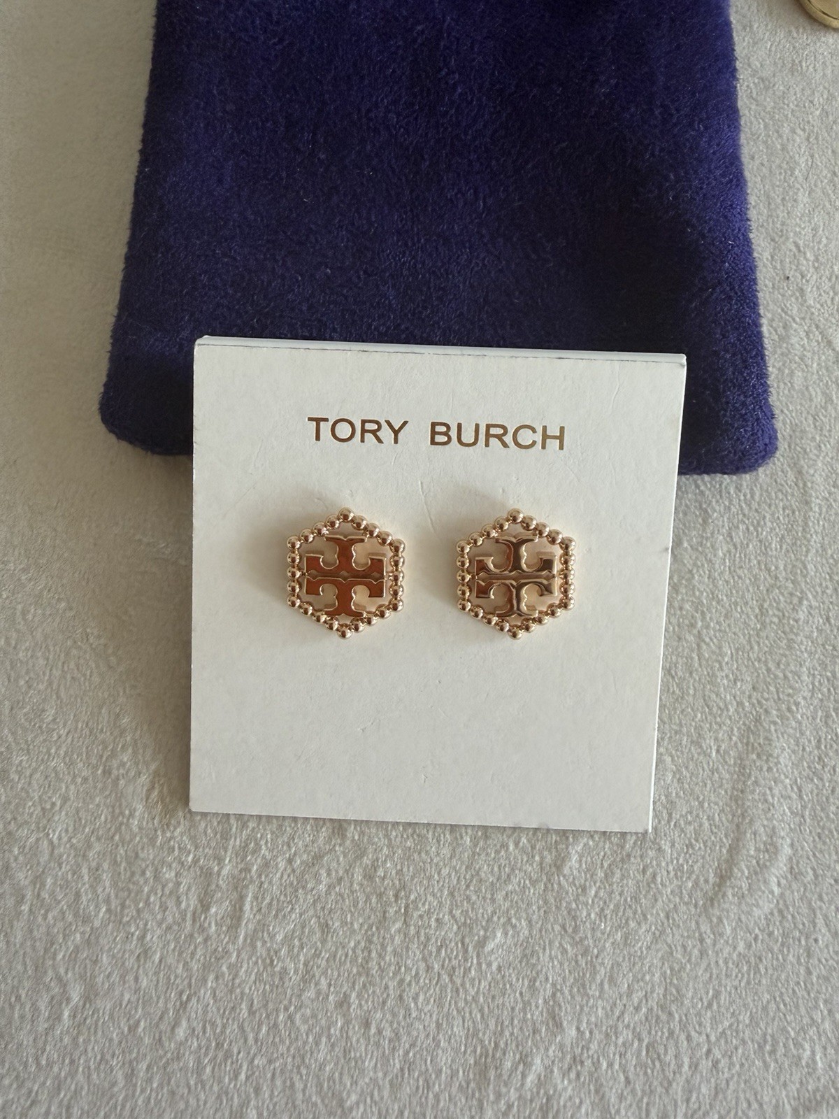 Tory Burch Stud Earrings Milgrain Hex design Gold Tone