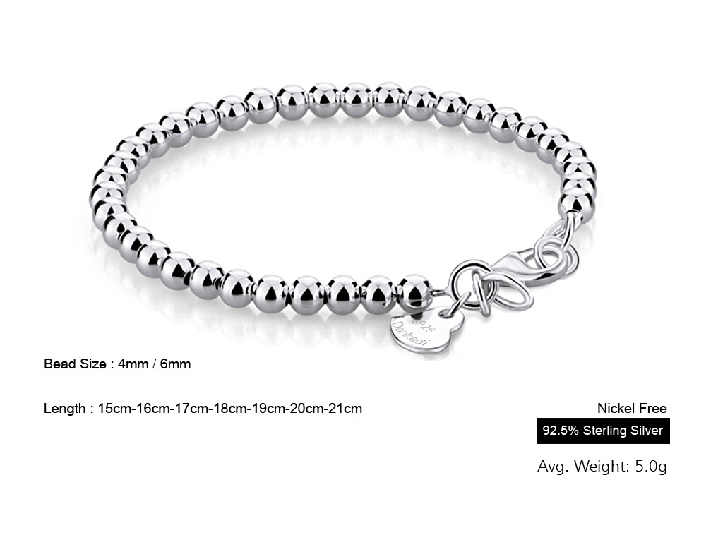 925 Sterling Silver Bead Ball Chain Bracelet Handmade All Size for Women 4mm-6mm