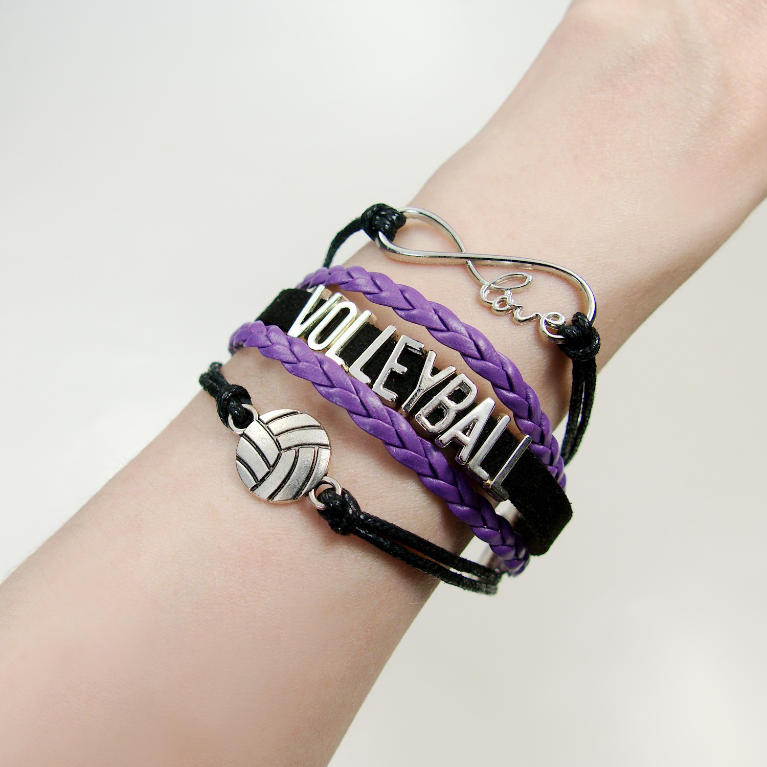Womens Volleyball Black Purple Adjustable Bracelets Braided Cord Sports Jewelry