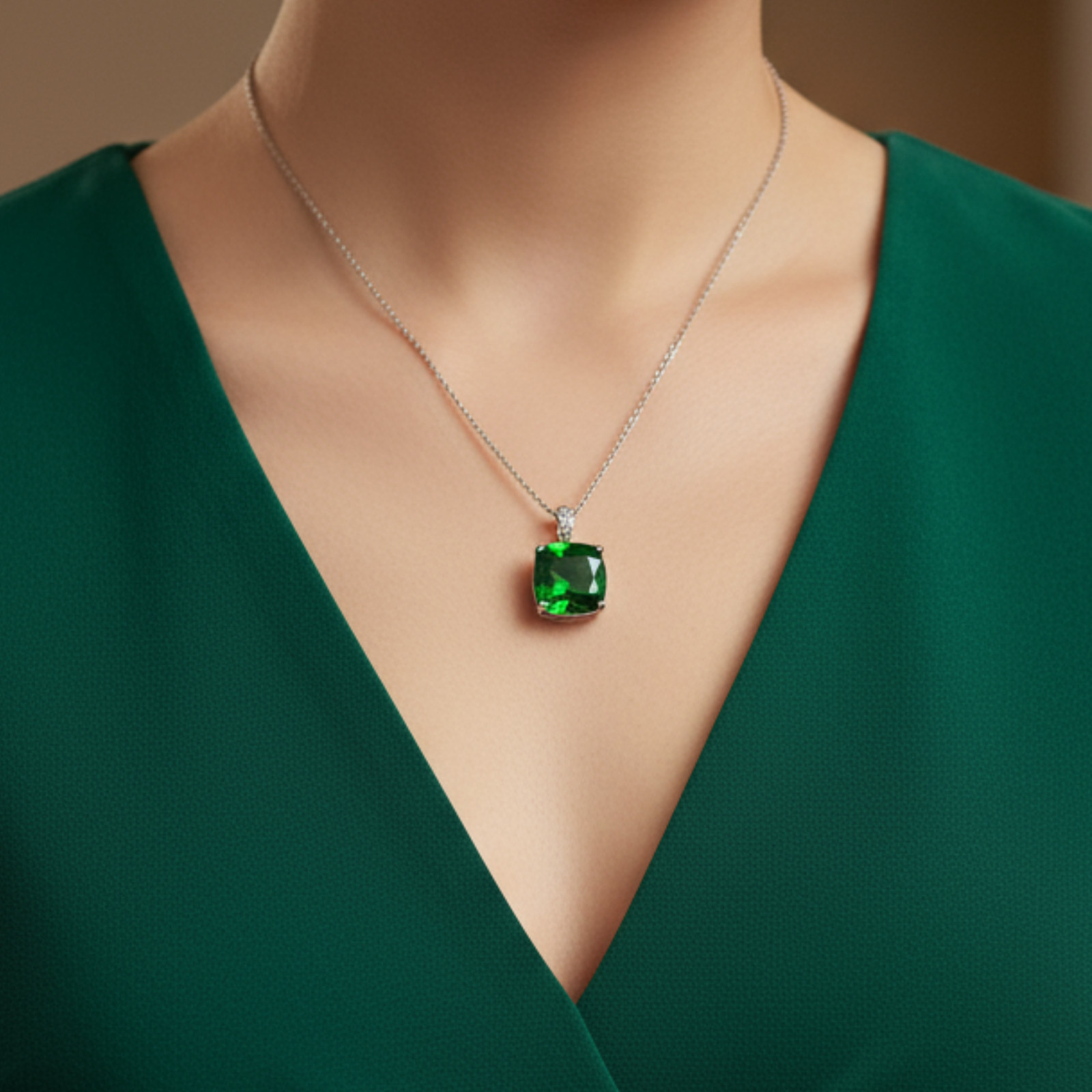 Handmade Green Emerald Crystal Pendant in Cushion Cut with Free Chain 70-80CT