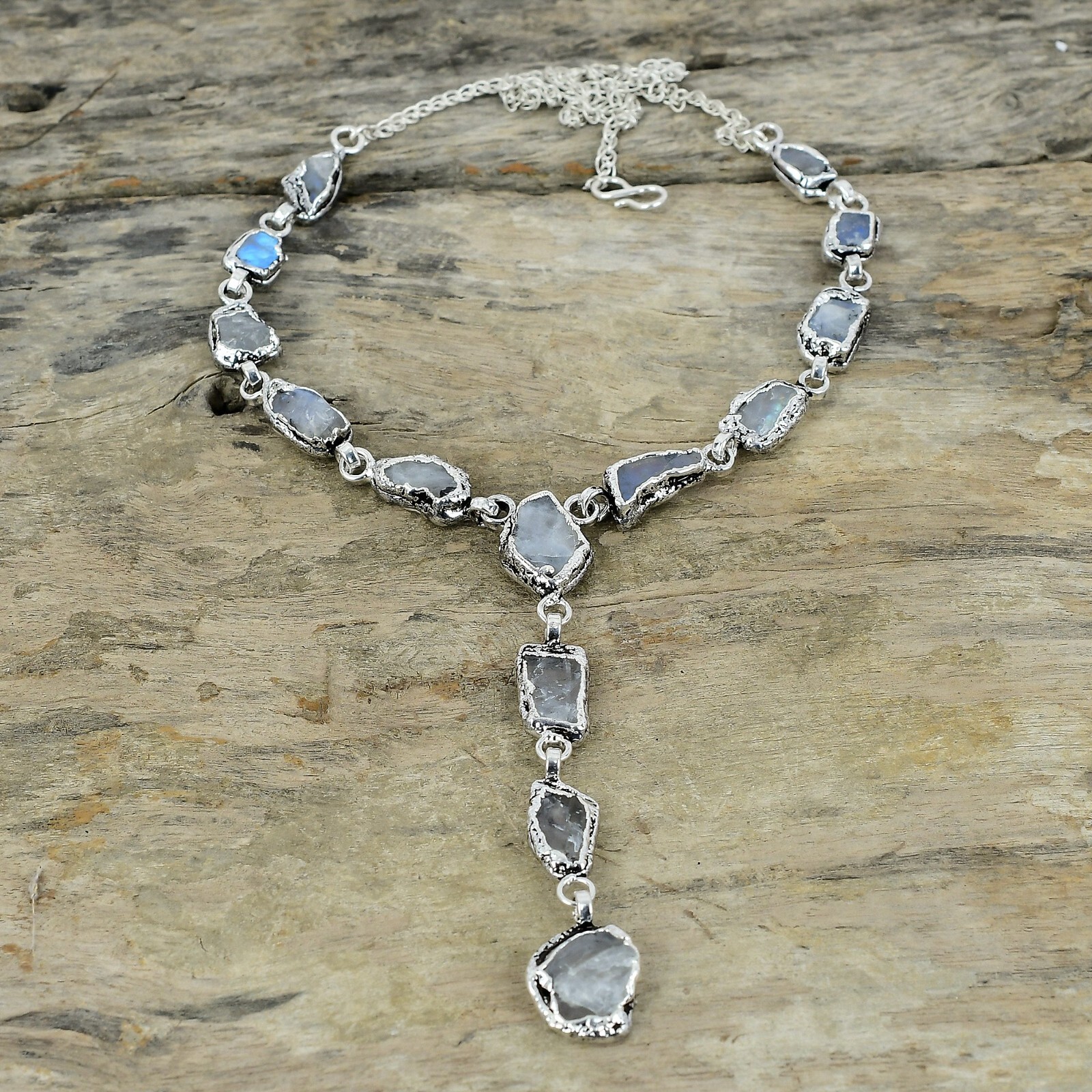 Moonstone Rough Copper Electroformed Silver Plated Adjustable Necklace 18.0″