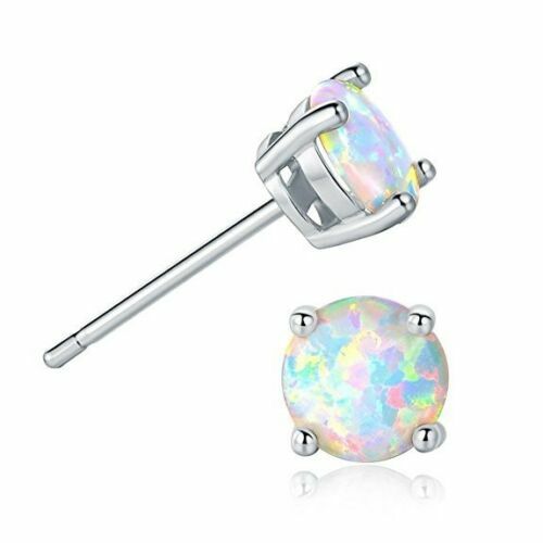 Sterling Silver Stamped OPAL Stud Crown BLUE/ WHITE OPAL Earrings Men Women Gift