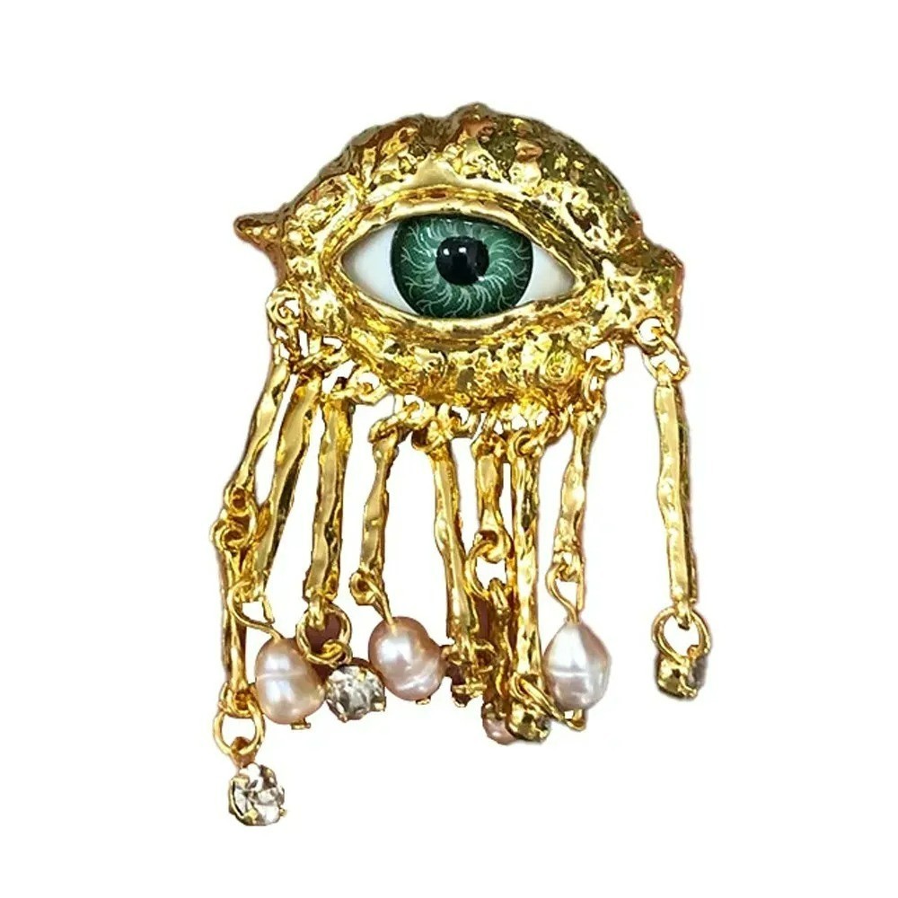 Vintage Evil Eye Brooch Pin Pearl Tassel Metal Badge Unisex Jewelry