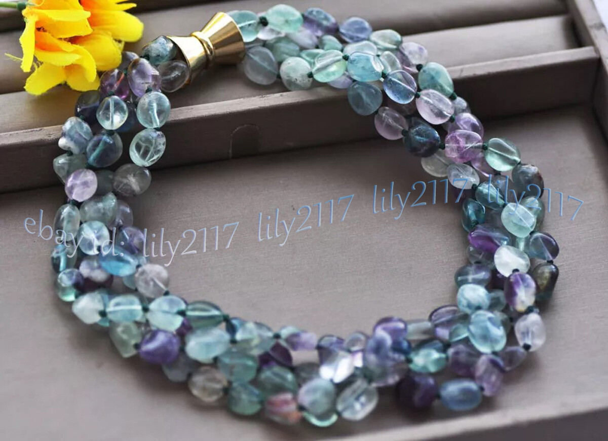 4 Rows 8-10mm Multicolor Fluorite Irregular Freeform Gems Beads Necklace 18”