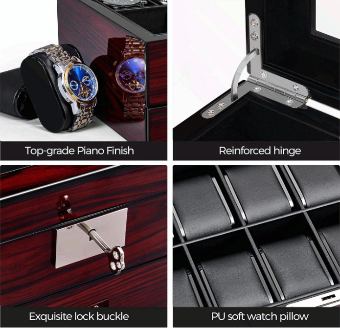 Watch Box 20-Slot Wooden Watch Case Organizer with Large Glass Lid | 2-Layer Wat