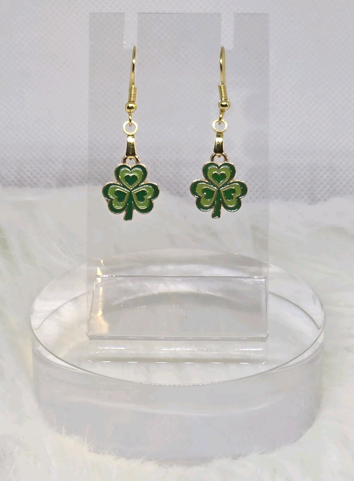 ST Patrick’s Day Green & Gold Layered Heart Clover French Hook Fashion Earrings