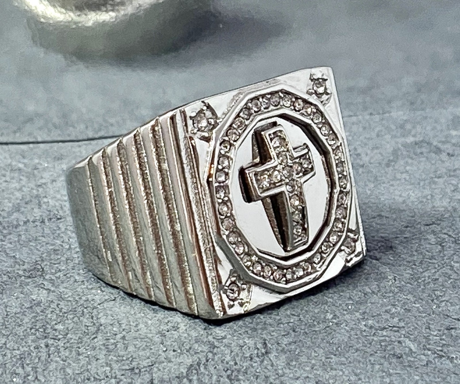 CZ Paved Cross Center Square Face Hand Polished Stainless Steel Mens Ring