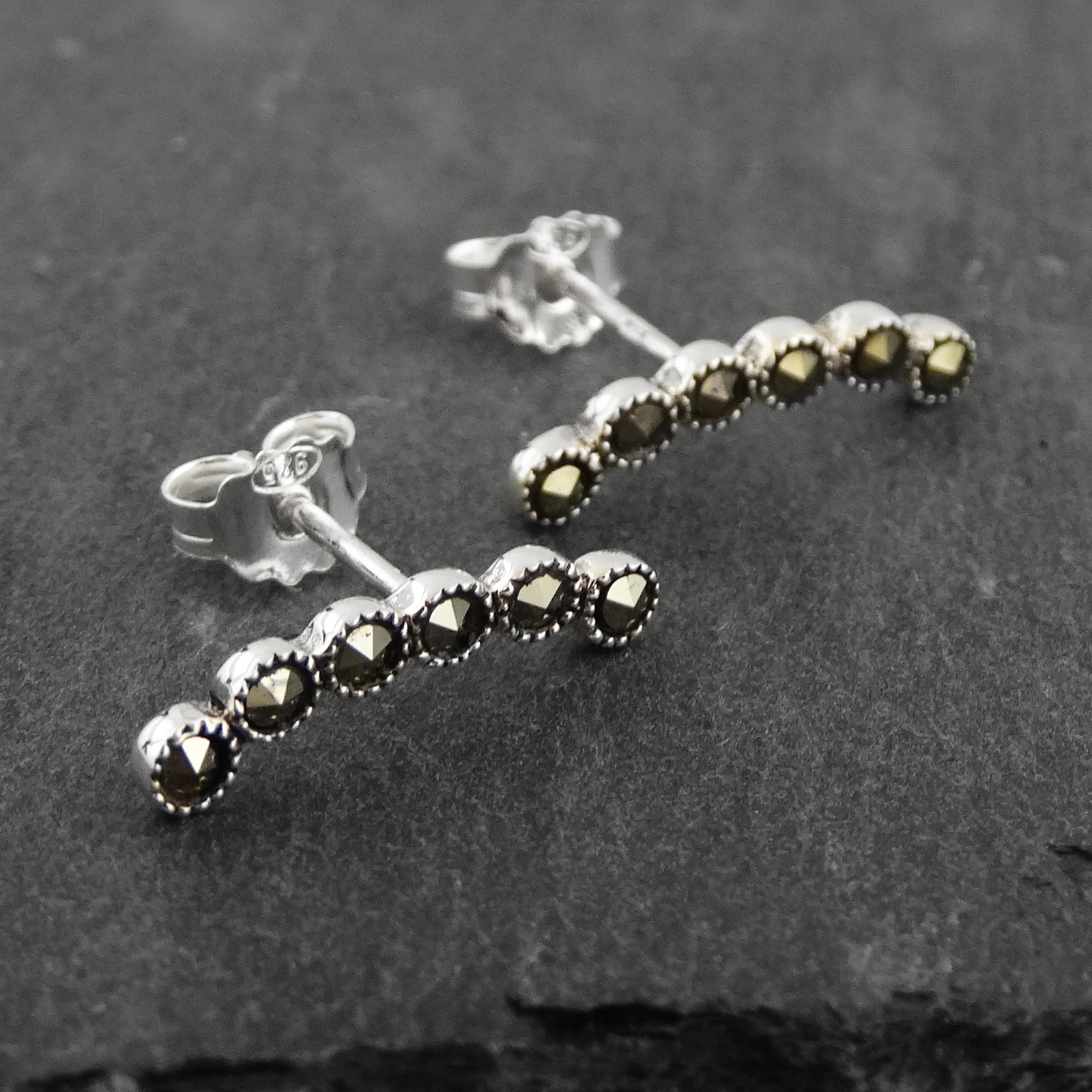 Marcasite Ear Climber Earrings – 925 Sterling Silver – Posts Curved Gift NEW
