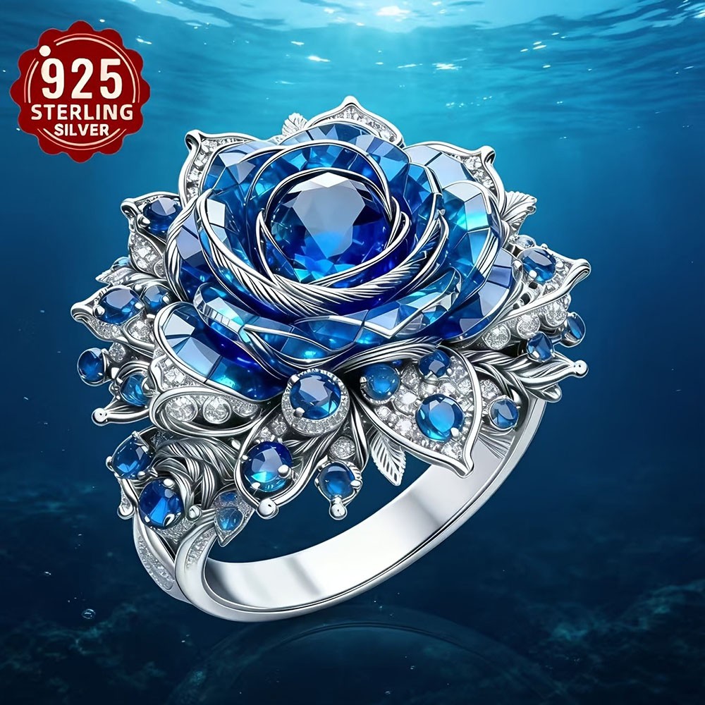 Elegant Three-Dimensional Hypoallergenic Sparkling 925 Silver Blue Rose Ring Set