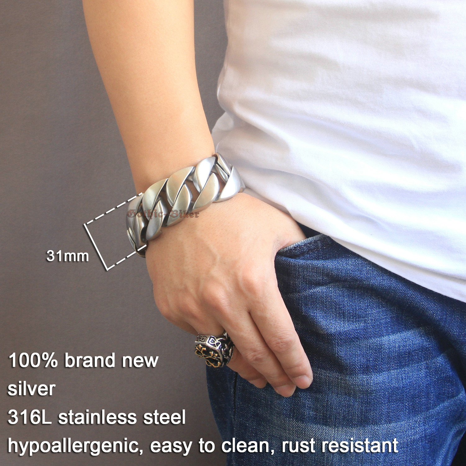 Super Heavy 31mm Wide Men Brushed Cuban Curb Chain 316L Stainless Steel Bracelet