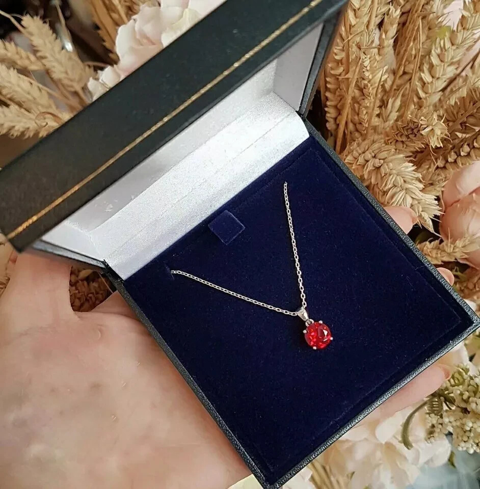 2 CT Round Cut Solitaire Red Ruby Pendant With Free Chain 14K White Gold F