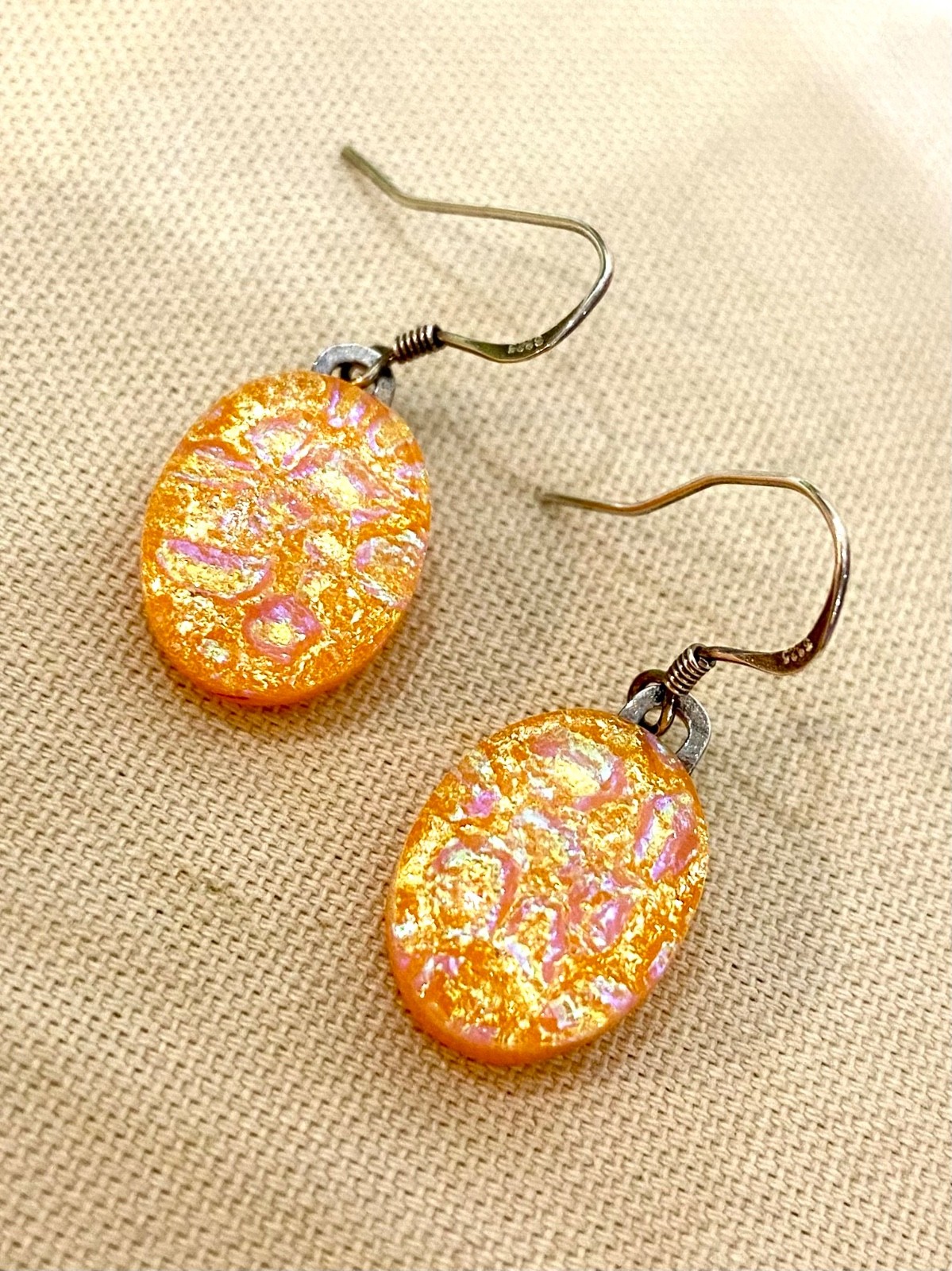 Orange Fused Dichroic Art Glass Dangle Earrings – Sterling Silver Ear Wires