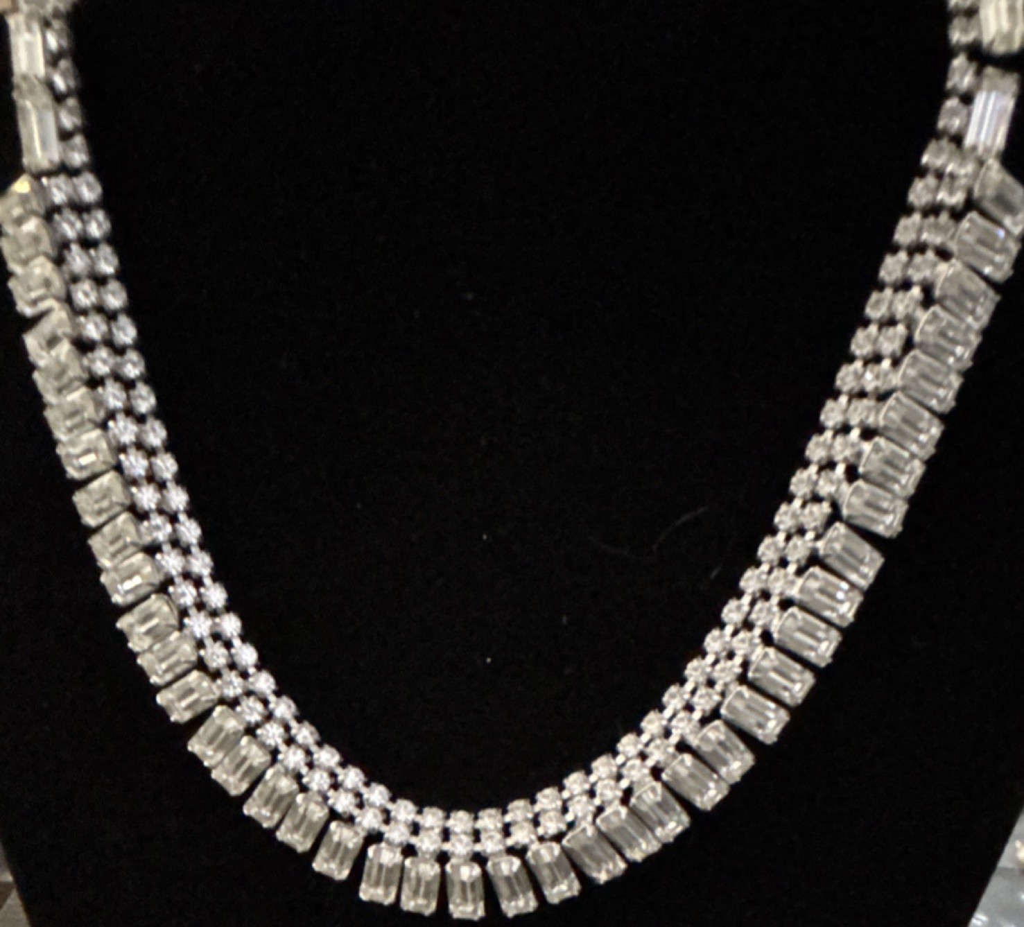 Vintage Clear Crystal Baguette Statement Necklace Prong Setting Fashion