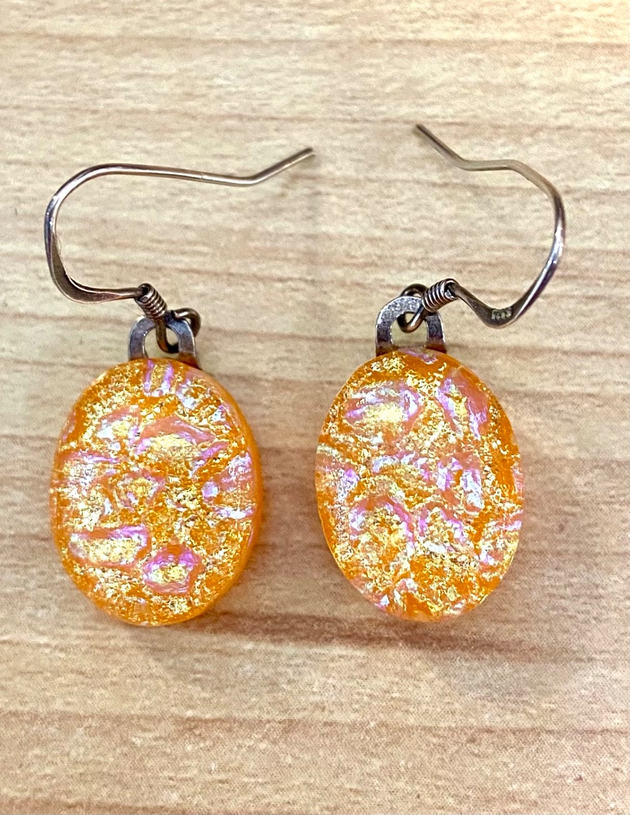 Orange Fused Dichroic Art Glass Dangle Earrings – Sterling Silver Ear Wires