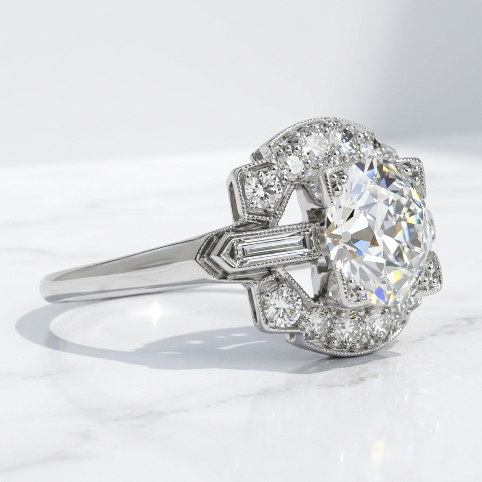 Old European Cut Lab Created Diamond 14K Gold Art Deco Milgrain Engagement Ring