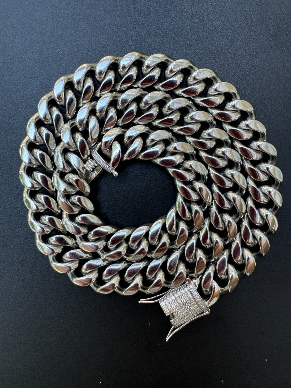 Miami Cuban Link Stainless Steel Chain W. 1ct CZ Iced 925 Silver Clasp 8mm-14mm