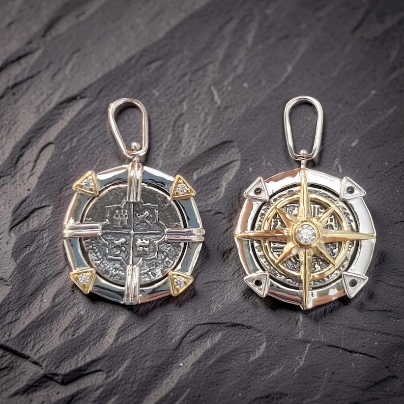 Atocha Compass Reversible Pendant 14k Gold Overlay White Topaz Certificate