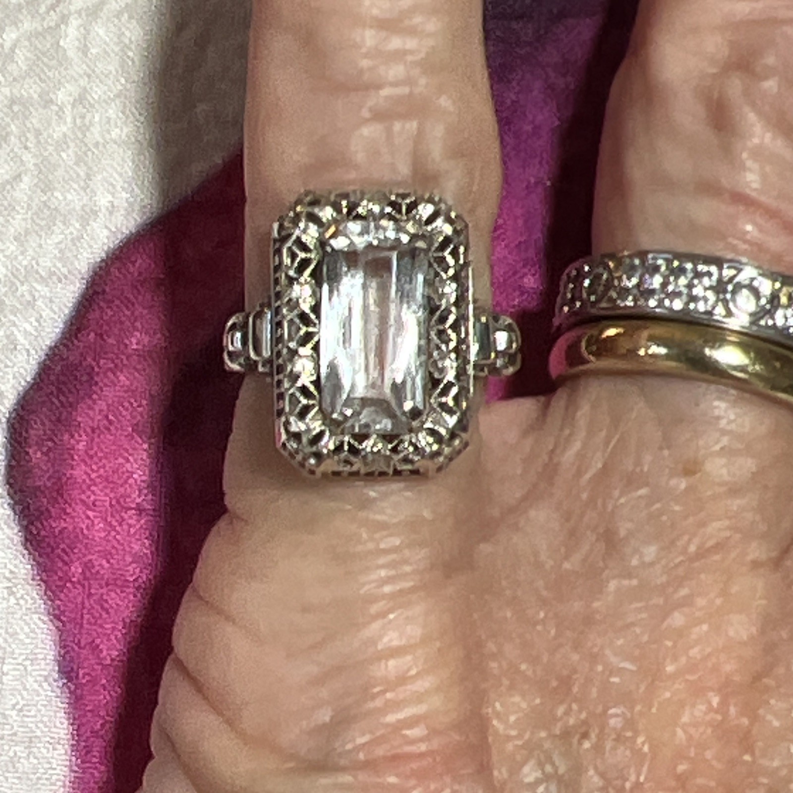 Antique Sterling Ring Clear Rectangle Stone Prong Set Size 5