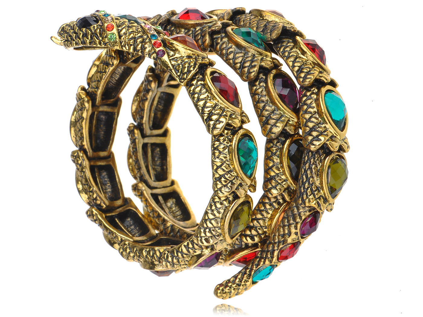 Gold Tone Multi Rhinestones Colorful Egyptian Snake Cuff Wrap Bracelet