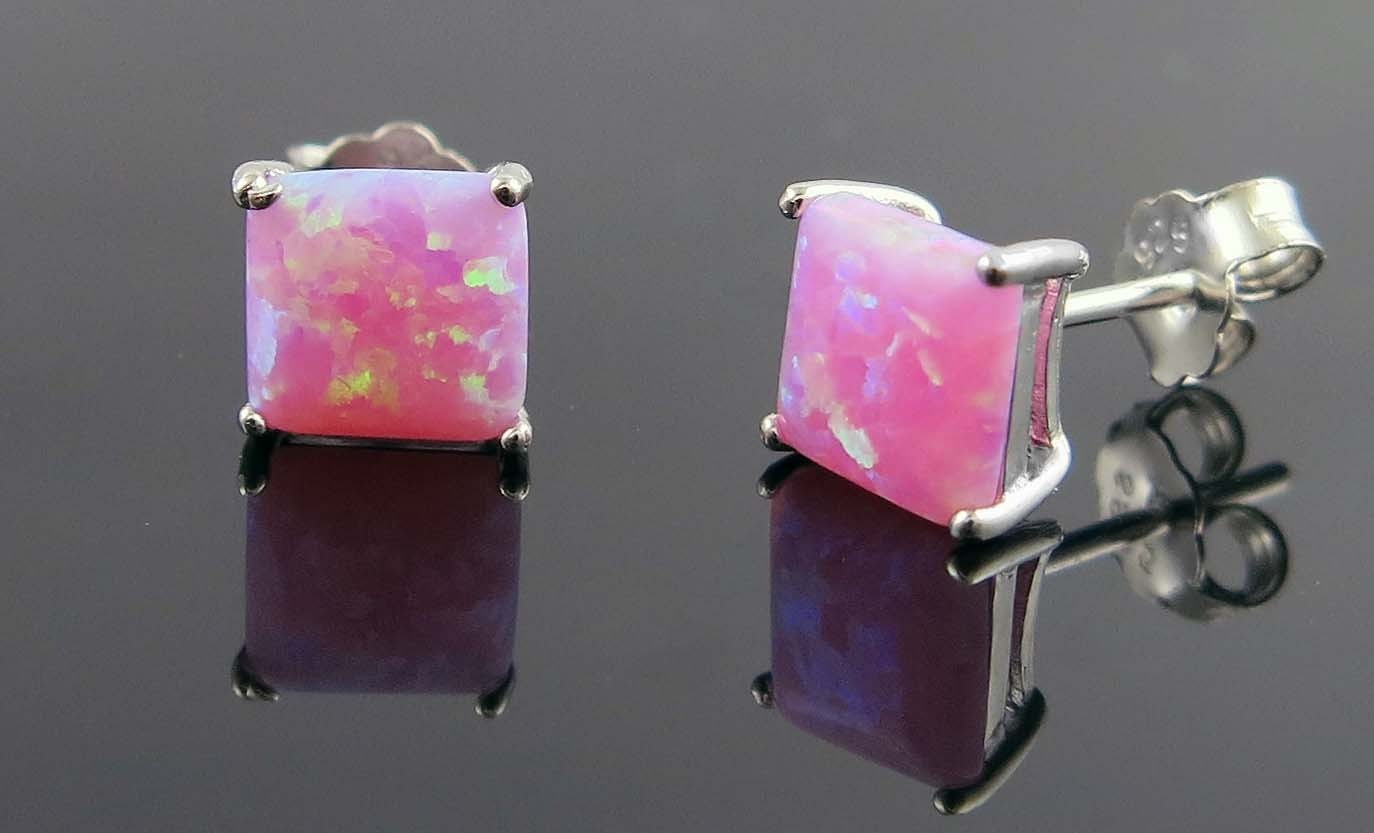 925 Sterling Silver 6mm Princess Cut Square Pink Opal Stud Earrings For Women