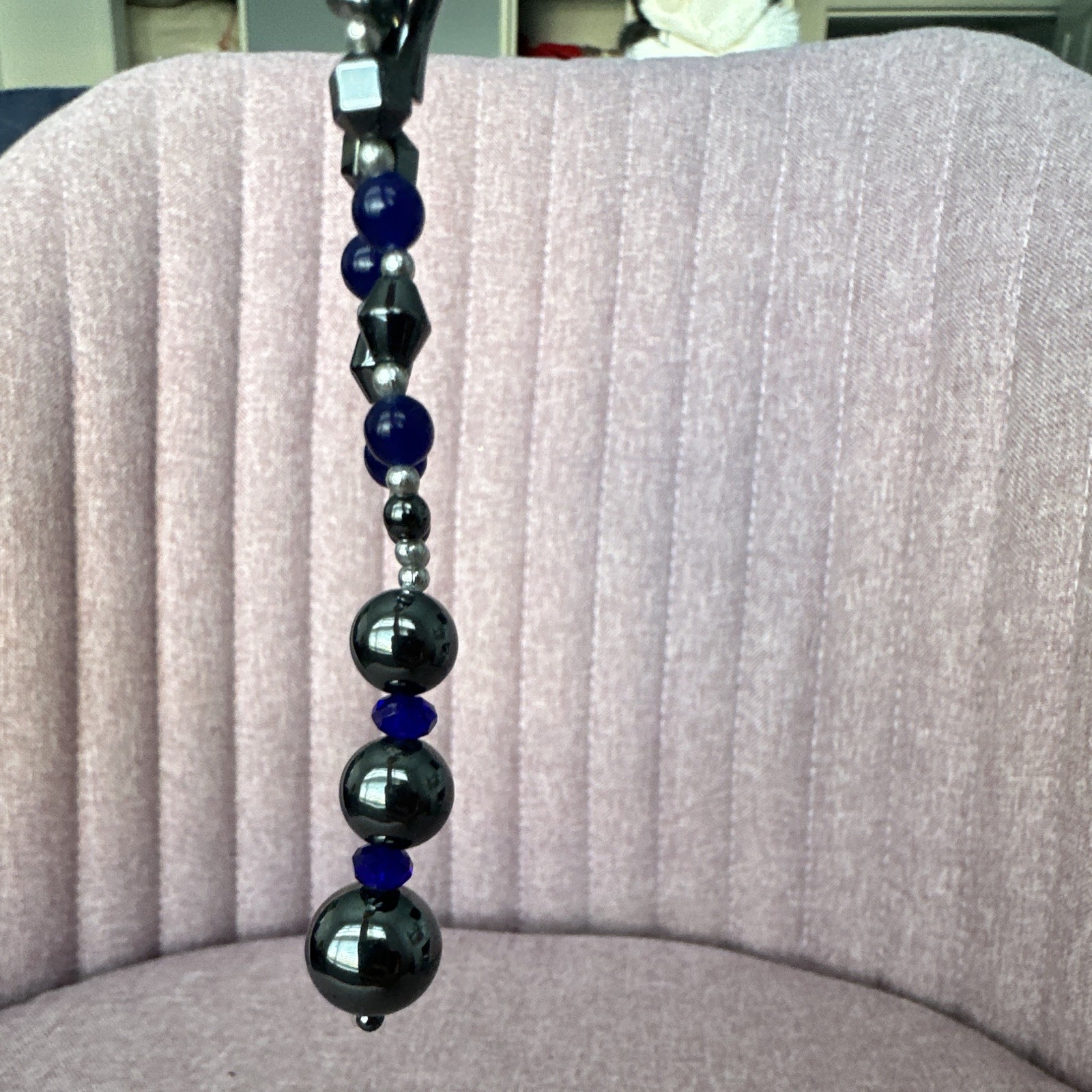 Hematite & Lapis Lazuli Beaded Y-Drop Necklace, Black Blue Round Beads