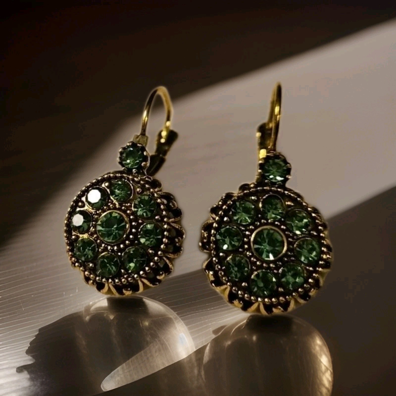 Vintage Inspired Golden Bohemian Style Drop Earrings with Green Colored Stones