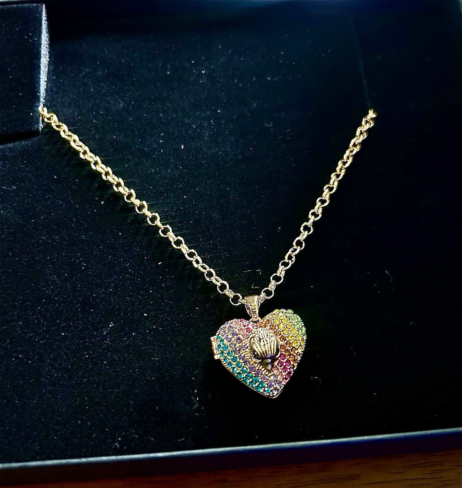 Kurt Geiger Heart Charm Locket Pendant Necklace Multicolor Pavé Crystal Gold