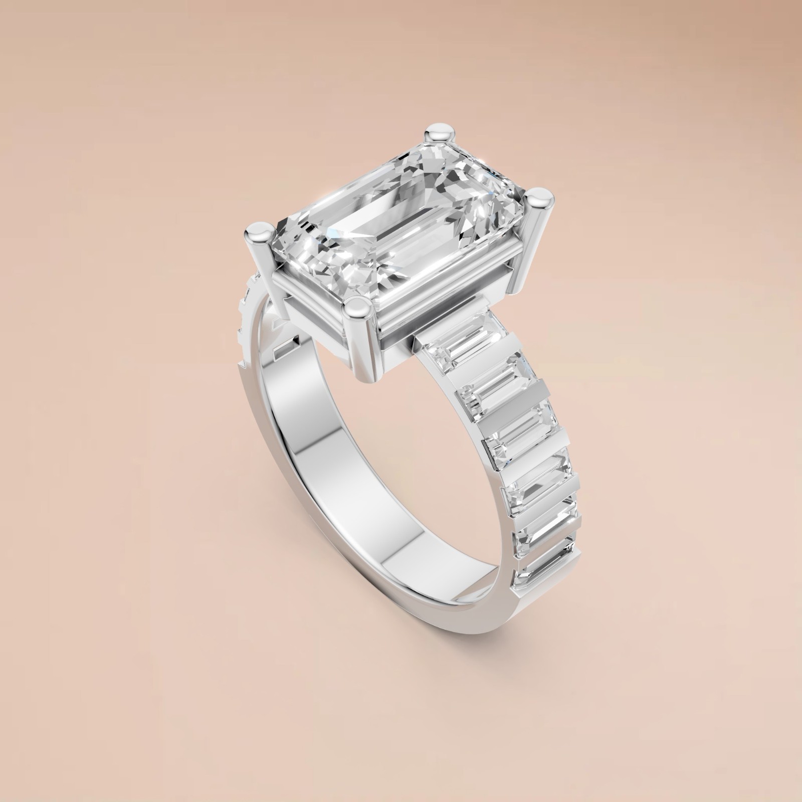 Emerald Cut Lab Grown Diamond Prong Setting Statement Engagement Ring