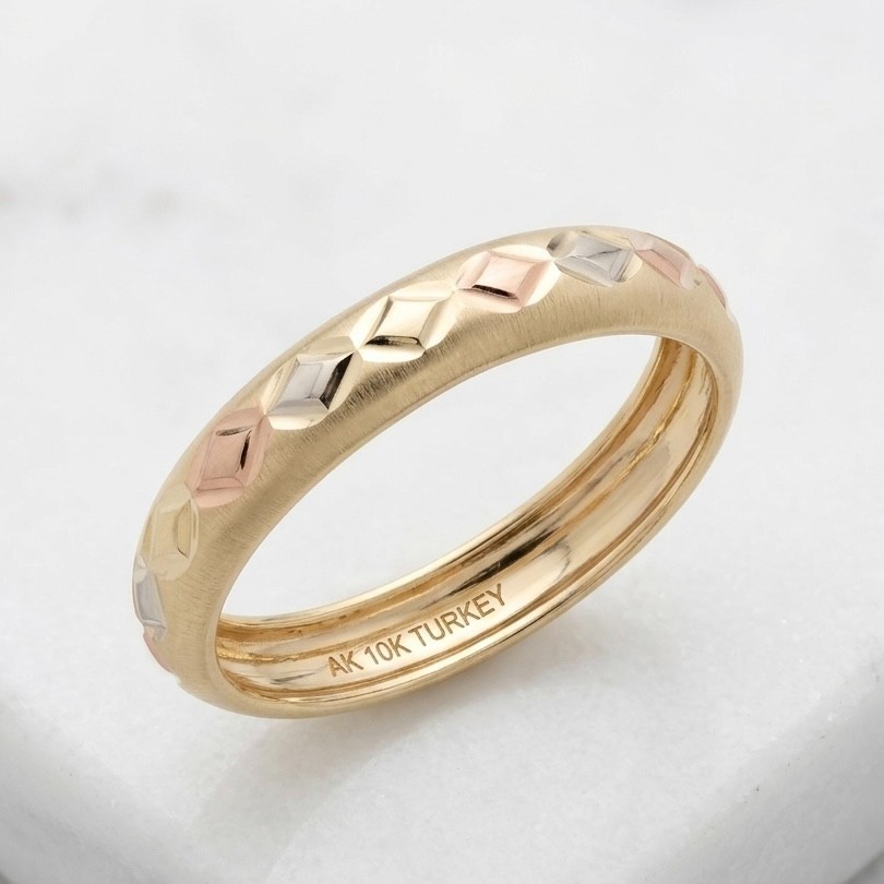 10K Tricolor Gold 4mm Wedding Band Ring – Unique Diamond Cut Texture Size 8