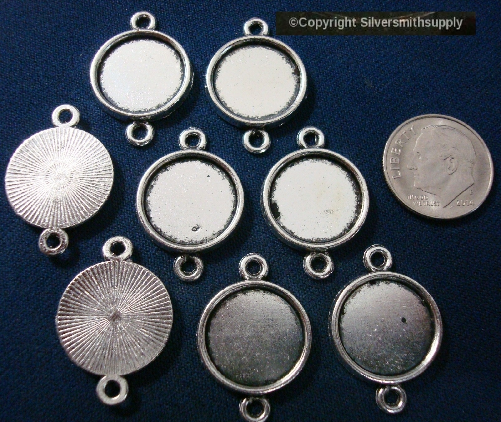 8 Plain Bezel cups tray Silver pl 14mm cabochon pendant setting 2 loops FPE174