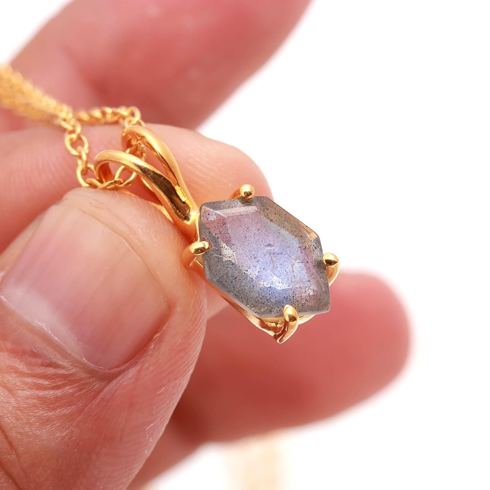 Natural Labradorite Hexagon Chain Pendant Gold Fill 925 Sterling Silver Jewelry