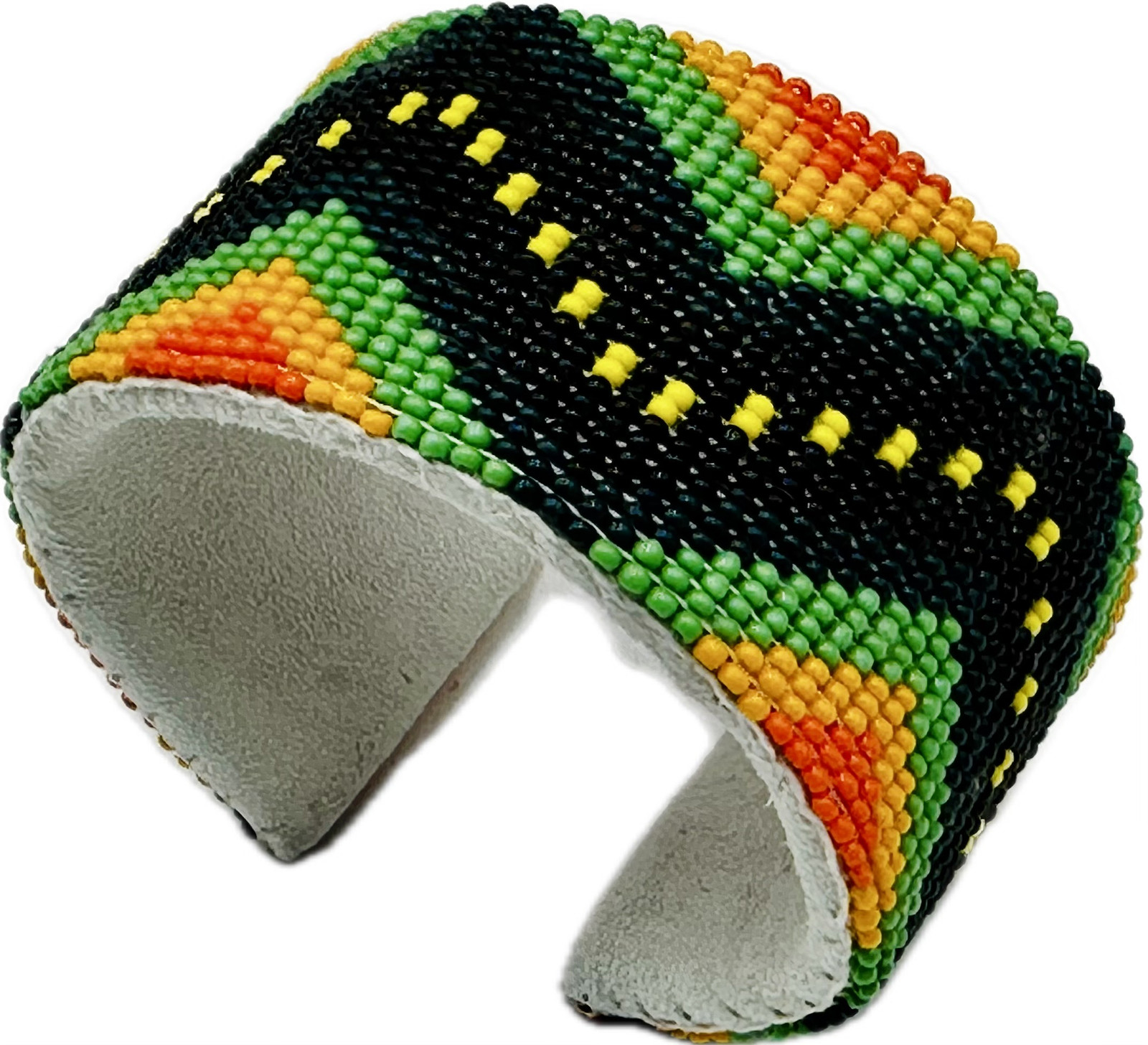 Handmade Beaded Green Orange leather hard cuff Bracelet